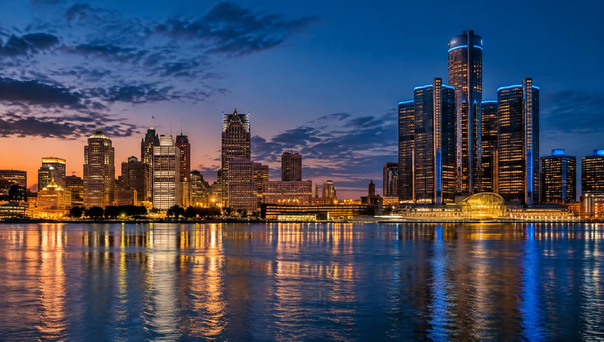 Detroit skyline at dusk over the Detroit River